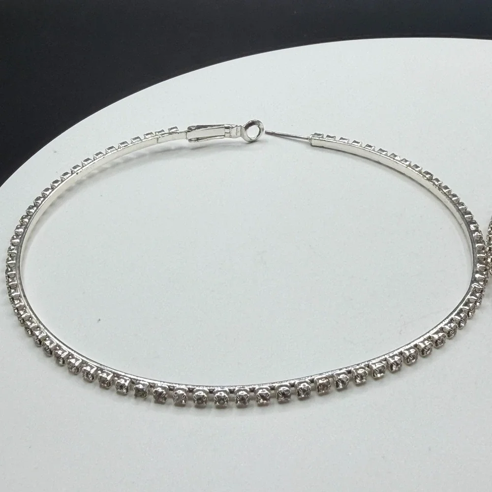 Large Rhinestone Hoop Earrings Silver Tone Sparkly Statement Y2K Party Gift